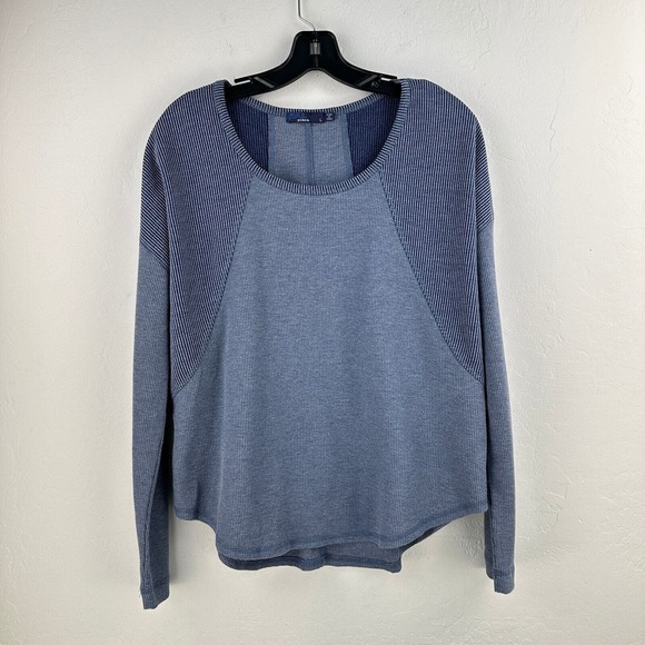 PrAna Sweater Womens L Blue Waffle Knit Long Sleeve Round Neck Pullover High Low - Picture 1 of 8